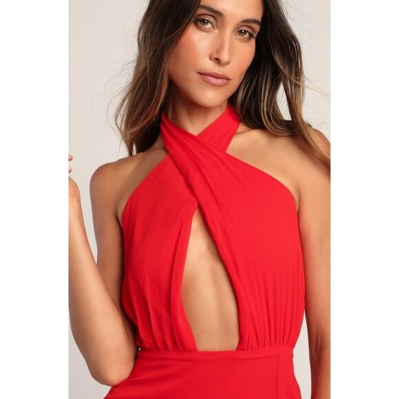 Lulus Red Halter Neck Midi Dress With Front Slit Size XS - Picture 2 of 5